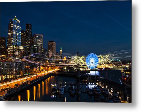 Long Metal Print featuring the digital art Seattle Waterfront Cosmic Rays by Pelo Blanco Photo