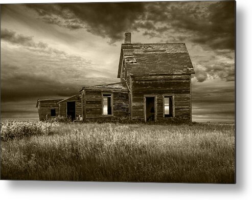 Farm Metal Print featuring the photograph Sepia Tone of Abandoned Prairie Farm House by Randall Nyhof
