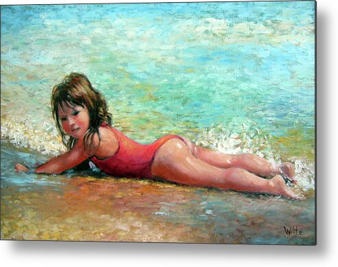 Child In Surf Metal Print featuring the painting Shallow Surf by Marie Witte