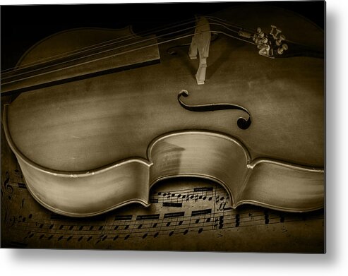 Cello Metal Print featuring the photograph Sheet Music with Cello Stringed Instrument in Sepia by Randall Nyhof