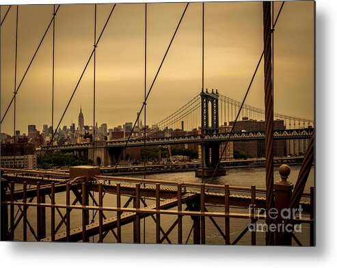 2015 Metal Print featuring the photograph Skyline NY from Brooklyn Bridge by Franz Zarda