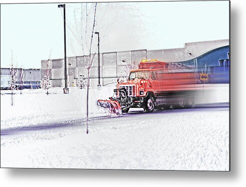 Winter Metal Print featuring the photograph Snow Plow in Business Park 1 by Steve Ohlsen