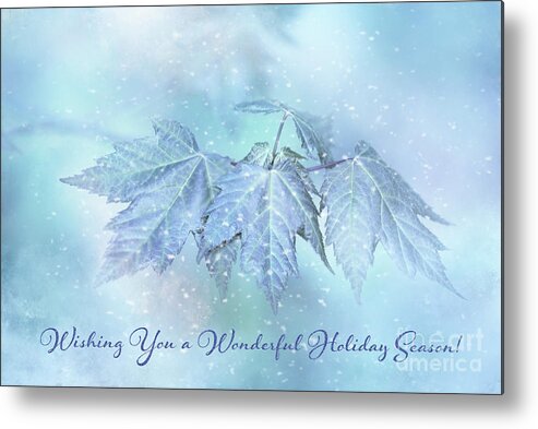 Winter Holiday Card Metal Print featuring the photograph Snowy Baby Leaves Winter Holiday Card by Anita Pollak