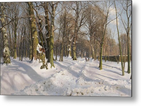 19th Century Art Metal Print featuring the painting Snowy forest road in sunlight by Peder Monsted