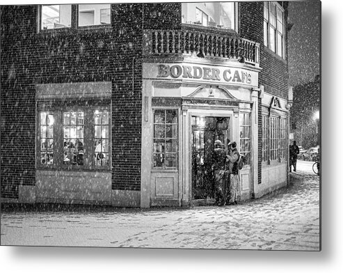 Harvard Metal Print featuring the photograph Snowy Harvard Square Night Border Cafe Black and White by Toby McGuire
