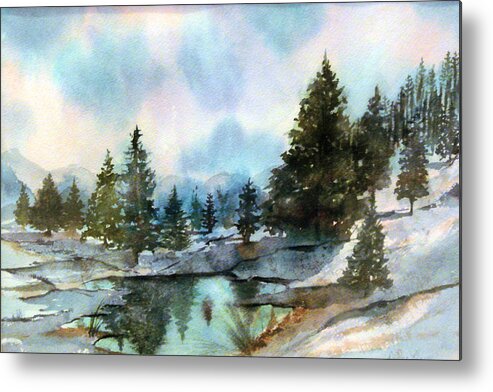 Watercolor Metal Print featuring the painting Snowy Lake Reflections by Debbie Lewis