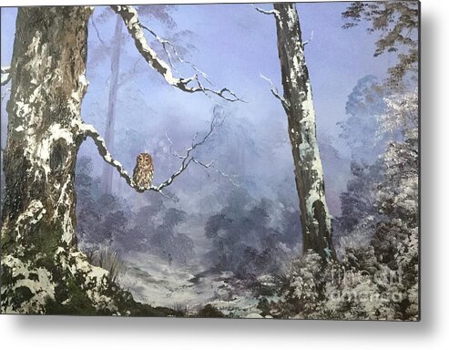 Tawny Owl...trees. Forest. Misty. Mest. Eggs. Pedator Metal Print featuring the painting Solitude by Jean Walker