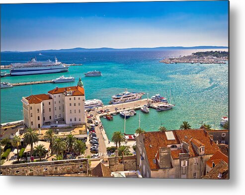 Panorama Metal Print featuring the photograph Split waterfront and harboar aerial view by Brch Photography