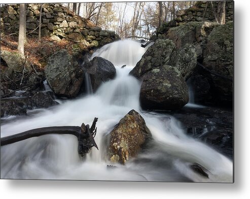 Rutland Ma Mass Massachusetts Waterfall Water Falls Nature New England Newengland Outside Outdoors Natural Old Mill Site Woods Forest Secluded Hidden Secret Dreamy Long Exposure Brian Hale Brianhalephoto Peaceful Serene Serenity Splits Tree Logs Divide Metal Print featuring the photograph Splits by Brian Hale