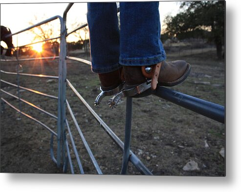 Boots Metal Print featuring the photograph Spurs at Sunset by Sherry Klander