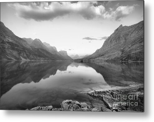 St Mary Lake Metal Print featuring the photograph St Mary Lake Clouds And Sunrise Black And White by Adam Jewell