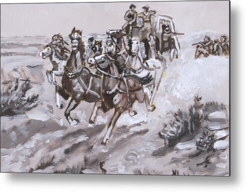 Historical Metal Print featuring the painting Stagecoach Attacked Historical Vignette by Dawn Senior-Trask