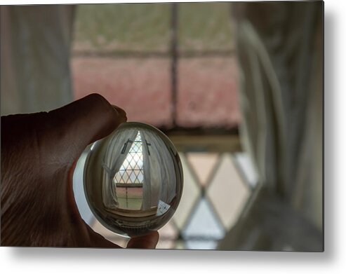 Abandoned Metal Print featuring the photograph Stained glass window with curtains in crystal ball by Karen Foley