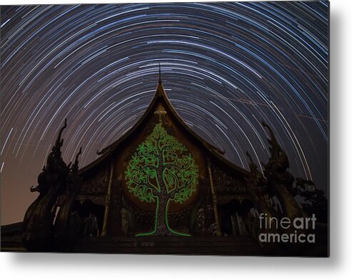 Balustrade Metal Print featuring the photograph Star Trails in the night at temple by Tosporn Preede