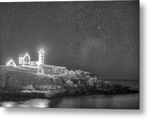 Nubble Metal Print featuring the photograph Starry Sky of the Nubble Light in York ME Cape Neddick Black and White by Toby McGuire