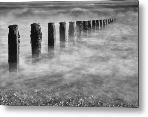 Blur Groins Sea Water Rough Gale B&w black And White Silk Silky Waves Ocean long Exposure Contrast Marine Maritime Metal Print featuring the photograph Steamy Waters by Nigel Prosser