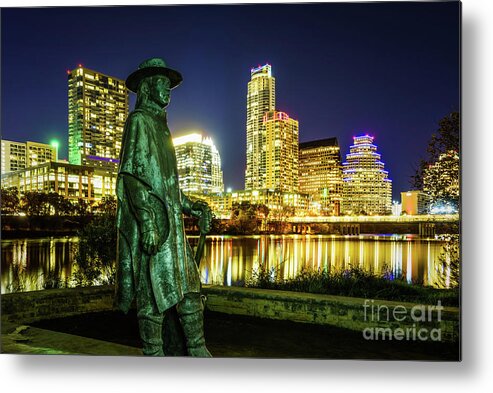 1st Metal Print featuring the photograph Stevie Ray Vaughan Statue with Austin TX Skyline by Paul Velgos