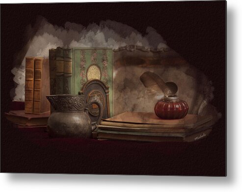Still Life With Antique Books Metal Print featuring the photograph Still Life with Antique Books, Silver Pitcher and Inkwell by Michele A Loftus