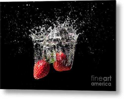 Strawberry Metal Print featuring the photograph Strawberry fruit big splash into water by Simon Bratt