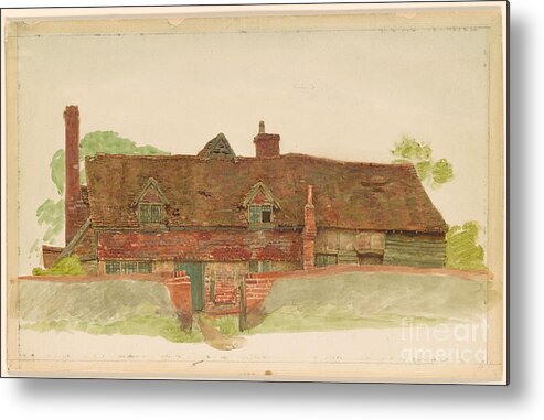 Kate Greenaway 1846-1901 Study Of A Long Cottage With Dormer Windows And Tiled Upper Wall. Beautiful House Metal Print featuring the painting Study of a Long Cottage with Dormer Windows by MotionAge Designs