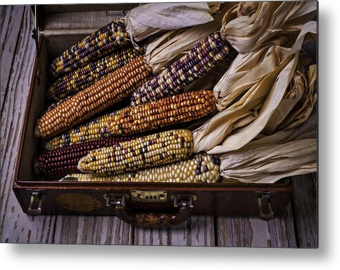 Suitcase Metal Print featuring the photograph Suitcase Full Of Indian Corn by Garry Gay