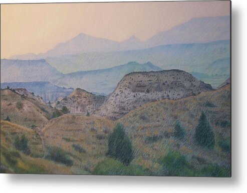North Dakota Metal Print featuring the drawing Summer in the Badlands by Cris Fulton