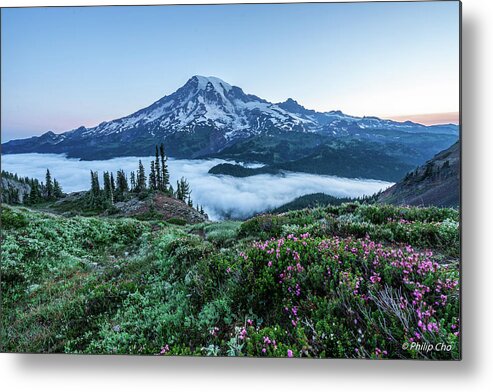 Sunrise Metal Print featuring the photograph Sunrise calm at Mt. Rainier by Philip Cho