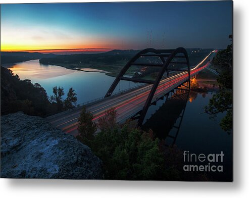 360 Bridge Metal Print featuring the photograph Sunrise greets the Lake Austin and the 360 Bridge as early morni by Dan Herron