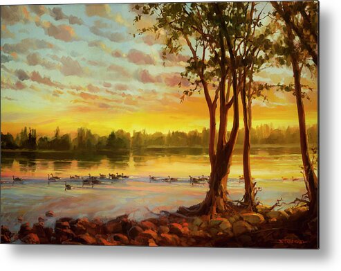 Landscape Metal Print featuring the painting Sunrise on the Columbia by Steve Henderson