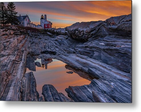Pemaquid Point Lighthouse Metal Print featuring the photograph Sunrise Reflections at Pemaquid Point by Kristen Wilkinson