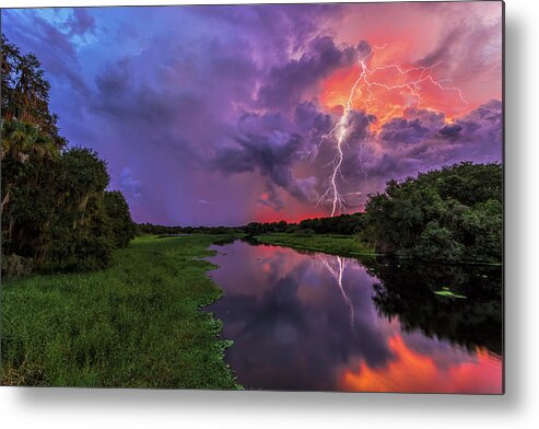 Lightning Metal Print featuring the photograph Sunset and Lightning at Myakka by Justin Battles