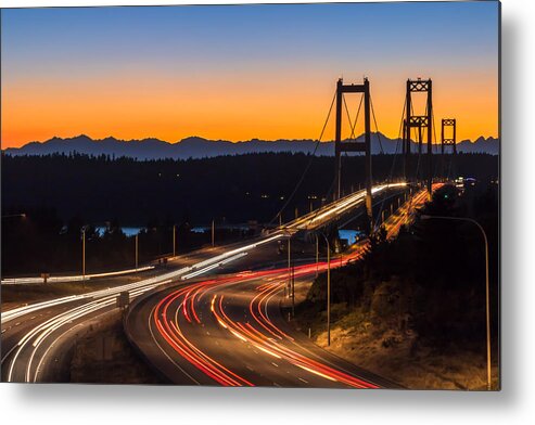 Tacoma Metal Print featuring the photograph Sunset and Streaks of Light - Narrows Bridges Tacoma WA by Rob Green