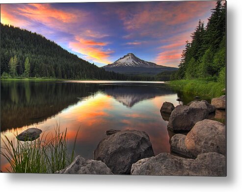 Sunset Metal Print featuring the photograph Sunset at Trillium Lake with Mount Hood by David Gn