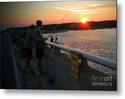 Fishing Metal Print featuring the painting Sunset Fishing Off the Bridge by Rita Brown