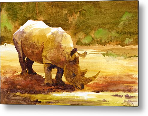 Watercolor Metal Print featuring the painting Sunset Rhino by Brian Kesinger