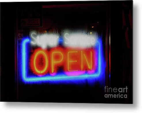Neon Metal Print featuring the photograph Super Service - Open Neon by Dean Harte