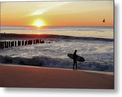 Surfboard Metal Print featuring the photograph Surfer Sunrise by Kathleen McGinley