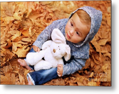Autumn Metal Print featuring the photograph Sweet baby in the autumn park by Anna Om