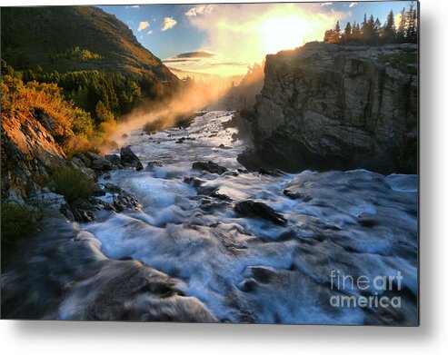 Swiftcurrent Falls Metal Print featuring the photograph Swiftcurrent Falls Fiery Sunrise by Adam Jewell