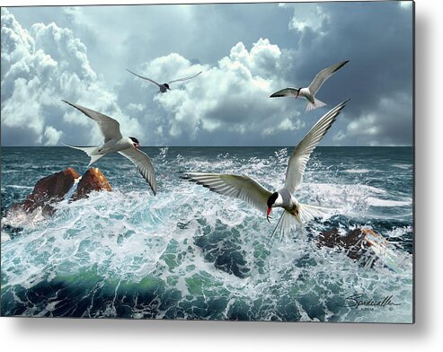 Ocean Metal Print featuring the digital art Terns In The Surf by Spadecaller