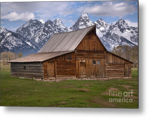 Moulton Barn Metal Print featuring the photograph Tetons Towering Over The Moulton Barn by Adam Jewell