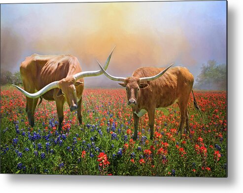 Texas Longhorns Metal Print featuring the photograph Texas Longhorns in Spring Wildflowers by Lynn Bauer