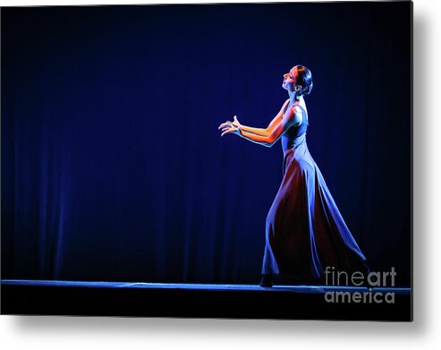 Ballet Metal Print featuring the photograph The beautiful ballerina dancing in blue long dress by Dimitar Hristov