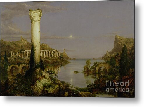 Moonlit Landscape; Classical; Architecture; Ruin; Ruins; Desolate; Bridge; Column; Hudson River School; Moon Metal Print featuring the painting The Course of Empire - Desolation by Thomas Cole