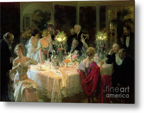 The Metal Print featuring the painting The End of Dinner by Jules Alexandre Grun
