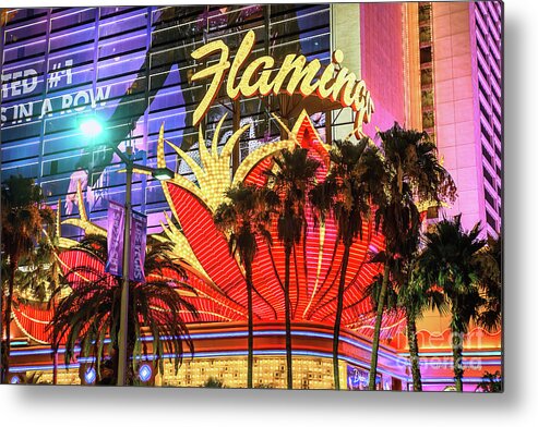 The Flamingo Neon Sign Metal Print featuring the photograph The Flamingo Neon Sign and Palm Trees Wide by Aloha Art