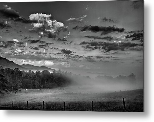 Black And White Metal Print featuring the photograph The Fog Rises In Cades Cove by Randall Evans