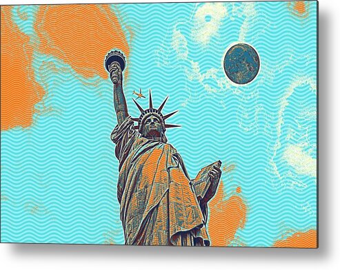 Statue Metal Print featuring the painting The Fool Blood Moon and The Lady Liberty 5 by Celestial Images