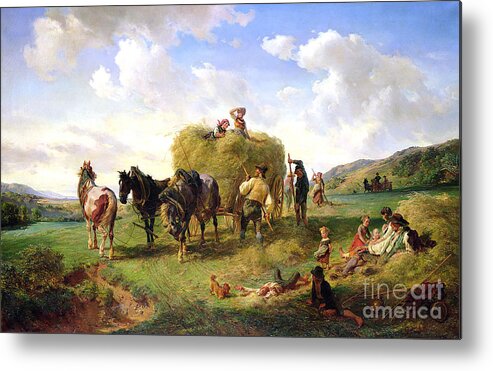 The Metal Print featuring the painting The Hay Harvest, 1869 by Hermann Kauffmann by Hermann Kauffmann