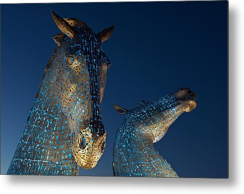 Kelpies Metal Print featuring the photograph The Kelpies lit in Blue by Stephen Taylor